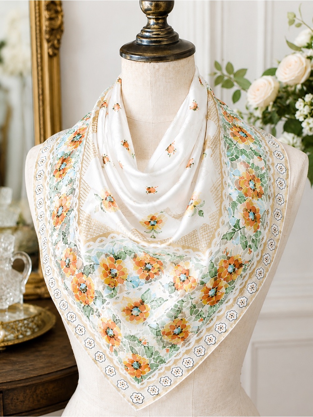 Vintage 30x30 Silk Scarf Floral Gold Lurex Border Square Hand Rolled Style White